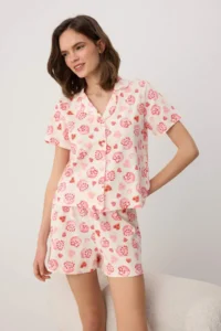 TRENDYOLMİLLA Ecru-Pink 100% Cotton Pastry and Heart Patterned Knitting Pajama Set