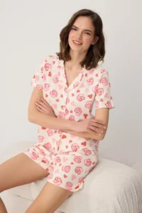 TRENDYOLMİLLA Ecru-Pink 100% Cotton Pastry and Heart Patterned Knitting Pajama Set - Image 2