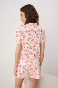 TRENDYOLMİLLA Ecru-Pink 100% Cotton Pastry and Heart Patterned Knitting Pajama Set - Image 4