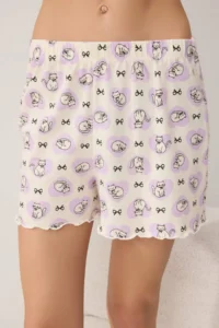 TRENDYOLMİLLA Lilac 100% Cotton Cat and Ribbon Printed Knitting Pajama Set - Image 3