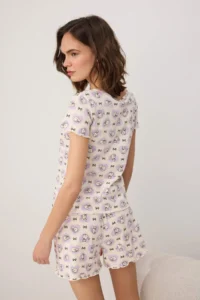 TRENDYOLMİLLA Lilac 100% Cotton Cat and Ribbon Printed Knitting Pajama Set - Image 4