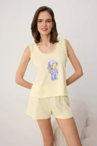 TRENDYOLMİLLA Yellow 100% Cotton Printed Lace Detailed Knitting Pajama Set