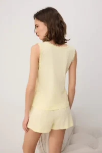 TRENDYOLMİLLA Yellow 100% Cotton Printed Lace Detailed Knitting Pajama Set - Image 4