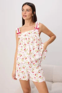 TRENDYOLMİLLA WHITE-Multicolored Printed shally Weaving Pajama Set - Image 2