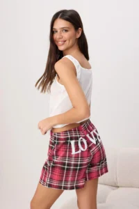 TRENDYOLMİLLA WHITE-Burgundy Plaid / Checkered Popo Printed Knitting Pajama Set