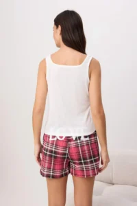 TRENDYOLMİLLA WHITE-Burgundy Plaid / Checkered Popo Printed Knitting Pajama Set - Image 5