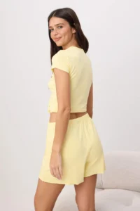 TRENDYOLMİLLA Yellow More Sustainable Shirred Ribbed Knitting Pajama Set - Image 4