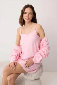 TRENDYOLMİLLA Pink 2 Sets 100% Cotton Muslin Weaving Robe & Nightgown - Image 2