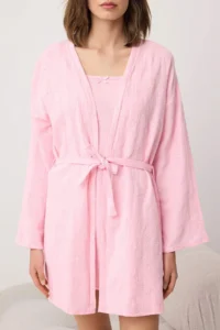 TRENDYOLMİLLA Pink 2 Sets 100% Cotton Muslin Weaving Robe & Nightgown - Image 3