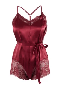 TRENDYOLMİLLA Burgundy Lace Detailed Belted Satin Weaving Jumpsuit - Image 3