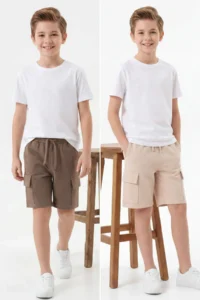 Khaki-Beige 2 Sets Boys' Cotton Elastic Waist Cargo with pocket Knitting Shorts