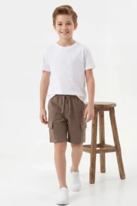 Khaki-Beige 2 Sets Boys' Cotton Elastic Waist Cargo with pocket Knitting Shorts - Image 2