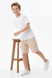 Khaki-Beige 2 Sets Boys' Cotton Elastic Waist Cargo with pocket Knitting Shorts - Image 3