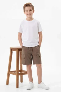 Khaki-Beige 2 Sets Boys' Cotton Elastic Waist Cargo with pocket Knitting Shorts - Image 4