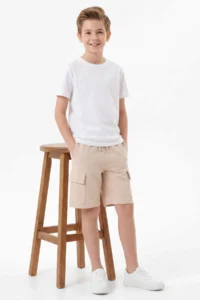 Khaki-Beige 2 Sets Boys' Cotton Elastic Waist Cargo with pocket Knitting Shorts - Image 5