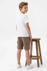 Khaki-Beige 2 Sets Boys' Cotton Elastic Waist Cargo with pocket Knitting Shorts - Image 6