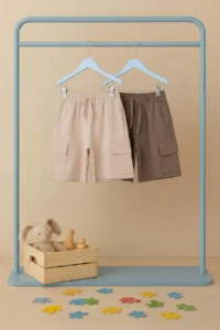 Khaki-Beige 2 Sets Boys' Cotton Elastic Waist Cargo with pocket Knitting Shorts - Image 7