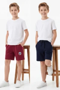 Burgundy-Navy Blue Plain Boys' Knitting Shorts & Bermuda
