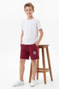 Burgundy-Navy Blue Plain Boys' Knitting Shorts & Bermuda - Image 2
