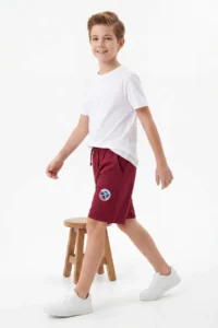 Burgundy-Navy Blue Plain Boys' Knitting Shorts & Bermuda - Image 3