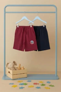 Burgundy-Navy Blue Plain Boys' Knitting Shorts & Bermuda - Image 8