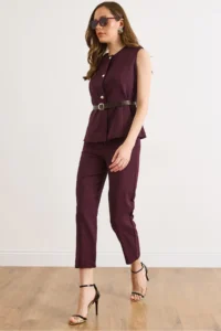 Olalook Women's Plum Belted Vest Trousers Suit