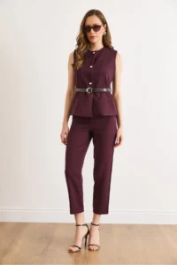 Olalook Women's Plum Belted Vest Trousers Suit - Image 3