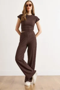 Olalook Women's Brown Drape Detailed Blouse and Trousers Set