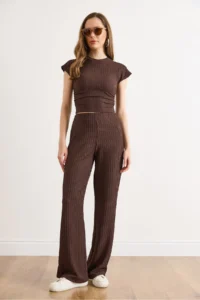 Olalook Women's Brown Drape Detailed Blouse and Trousers Set - Image 2