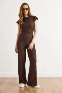 Olalook Women's Brown Drape Detailed Blouse and Trousers Set - Image 3