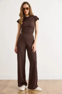Olalook Women's Brown Drape Detailed Blouse and Trousers Set - Image 4