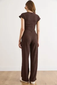 Olalook Women's Brown Drape Detailed Blouse and Trousers Set - Image 6