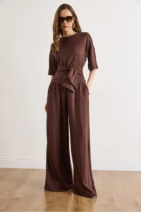 Olalook Women's Brown Self Belted Blouse Flowy Suit - Image 2