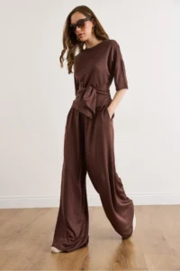 Olalook Women's Brown Self Belted Blouse Flowy Suit - Image 3