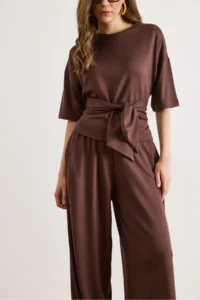 Olalook Women's Brown Self Belted Blouse Flowy Suit - Image 4