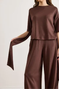 Olalook Women's Brown Self Belted Blouse Flowy Suit - Image 5