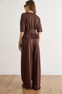 Olalook Women's Brown Self Belted Blouse Flowy Suit - Image 6