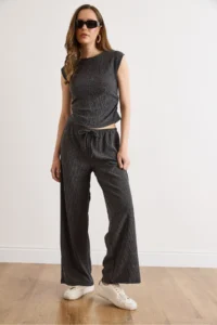 Olalook Women's Anthracite Blouse Trousers Textured Suit - Image 3
