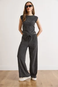 Olalook Women's Anthracite Blouse Trousers Textured Suit - Image 5