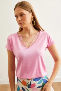 Olalook Women's Candy Pink Collar Lace Loose Viscose Blouse - Image 5