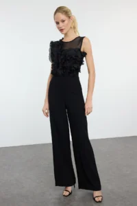 TRENDYOLMİLLA Black Tulle Detailed Weaving Jumpsuit - Image 3