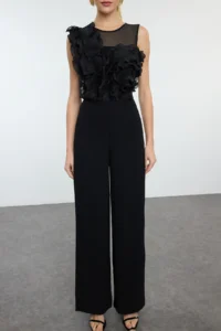TRENDYOLMİLLA Black Tulle Detailed Weaving Jumpsuit - Image 5