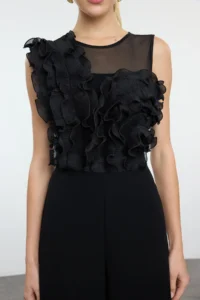 TRENDYOLMİLLA Black Tulle Detailed Weaving Jumpsuit - Image 6