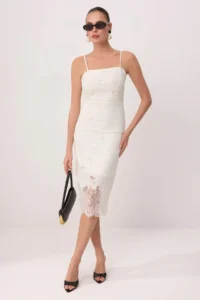 TRENDYOLMİLLA WHITE Plain Knitting Lace Midi Lined Cocktail Dress