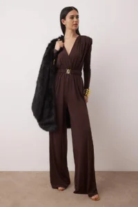 TRENDYOLMİLLA Brown Double breasted Yaka Belt Detailed padded Knitting Elegant/Evening Jumpsuit
