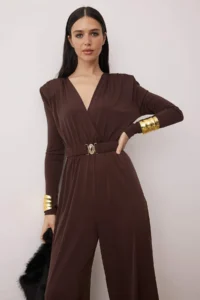 TRENDYOLMİLLA Brown Double breasted Yaka Belt Detailed padded Knitting Elegant/Evening Jumpsuit - Image 2