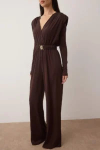 TRENDYOLMİLLA Brown Double breasted Yaka Belt Detailed padded Knitting Elegant/Evening Jumpsuit - Image 3