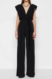 TRENDYOLMİLLA Black V-neck Belted Knitting Jumpsuit - Image 10