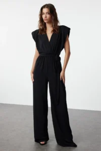 TRENDYOLMİLLA Black V-neck Belted Knitting Jumpsuit - Image 3