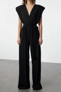 TRENDYOLMİLLA Black V-neck Belted Knitting Jumpsuit - Image 6